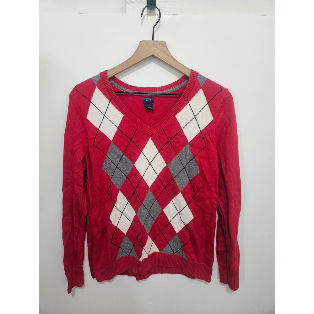 IZOD Womens Red Argyle V-Neck‎ Sweater Long Sleeve Knit Top Size Large